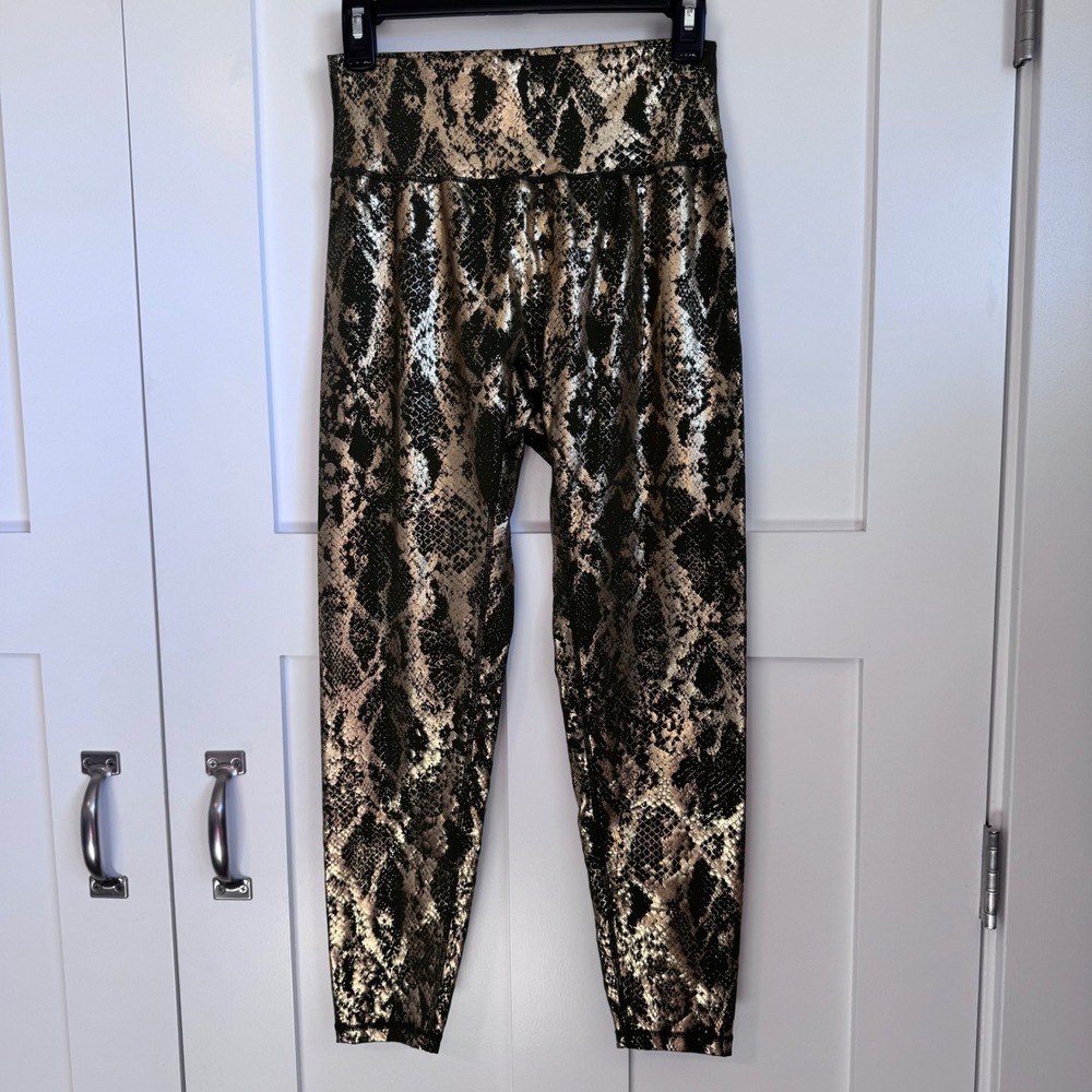 Buff Bunny Green‎ & Gold Snake Print Athletic Leggings Women's Size XL Gym Yoga